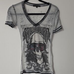 Crash And Burn Graphic V-Neck Burnout Tee - Size XS